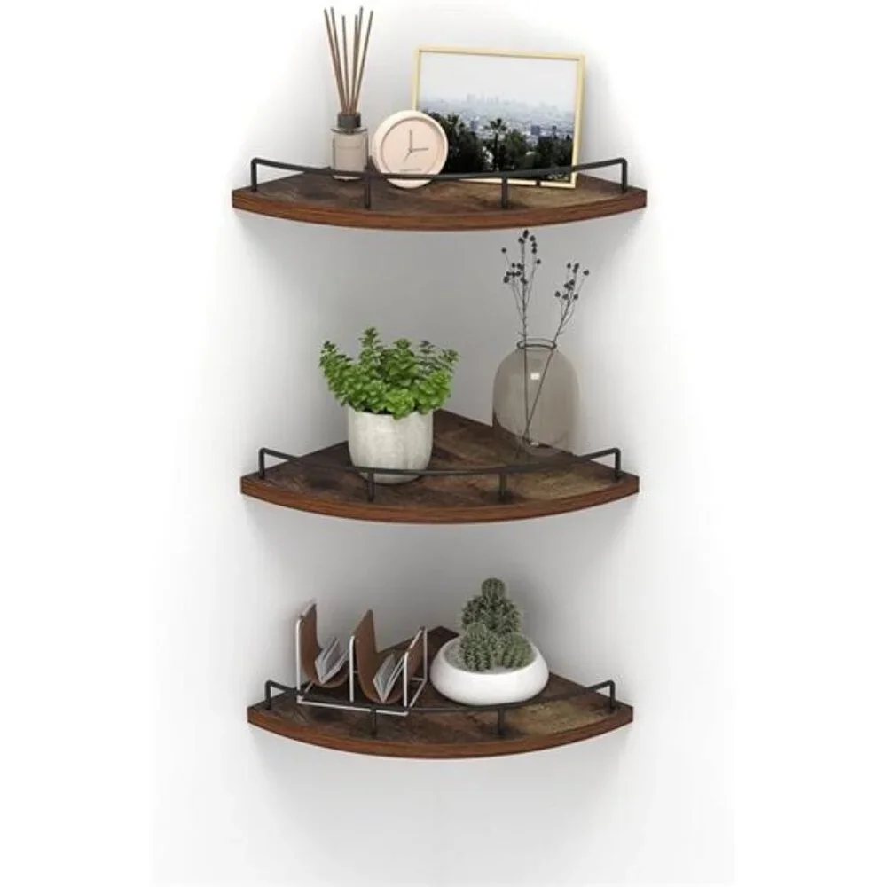 Floating Corner Shelf Wall Mount, Set of 3 Rustic Wood Corner Wall Shelves